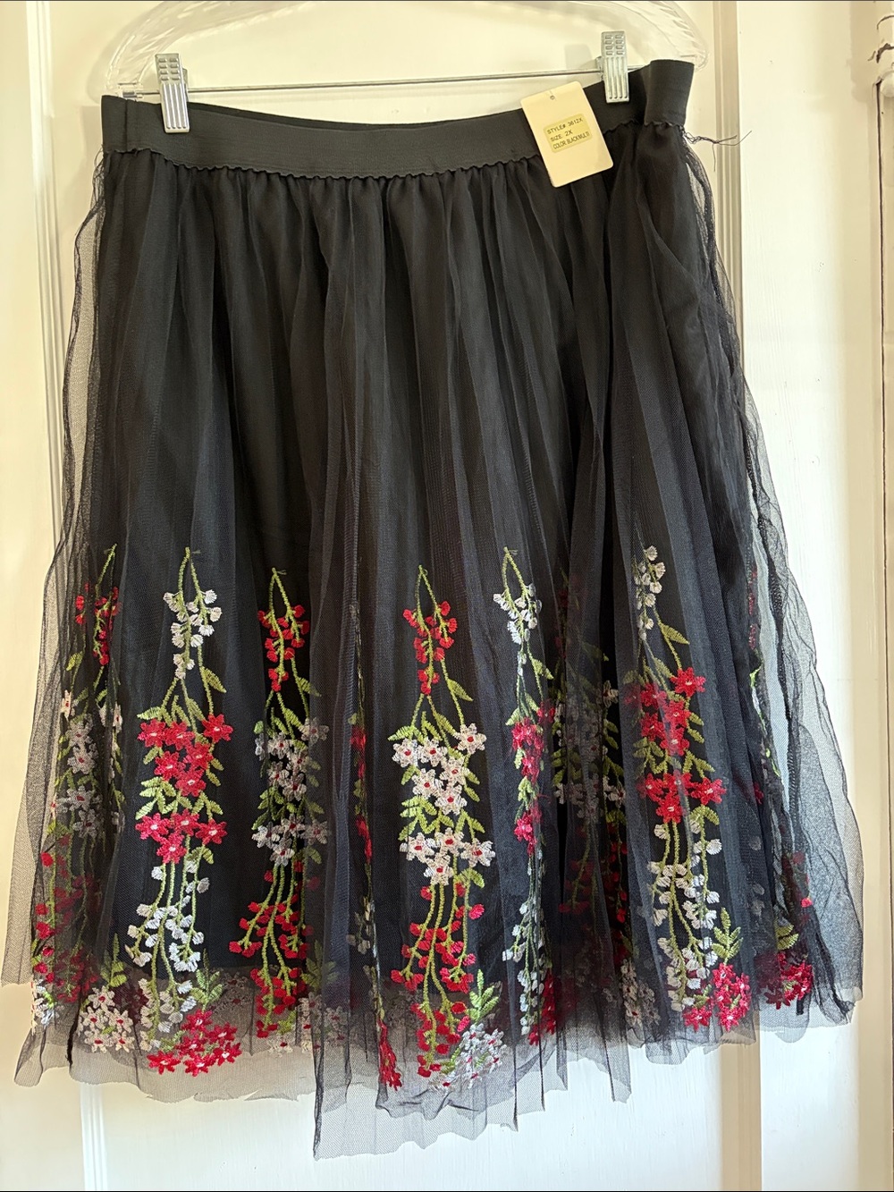 Studio West Black Tulle Midi Skirt with Red & White Floral Embroidery